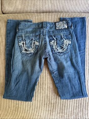 True Religion Women's Blue Boot Cut Jeans with Distressed Pocket Embroidery